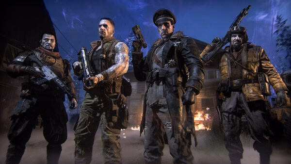 Screenshot from Call of Duty: Black Ops 7 showing four soldiers in tactical gear standing in front of a burning building.