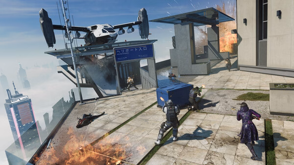 Call of Duty: Black Ops 7 screenshot showing players in combat on a rooftop with explosions and a hovering aircraft.