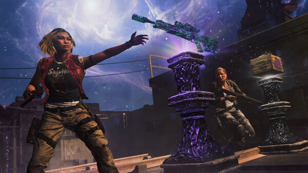 Screenshot from Call of Duty: Black Ops 7 showing two characters battling near glowing pillars with a floating rifle overhead.