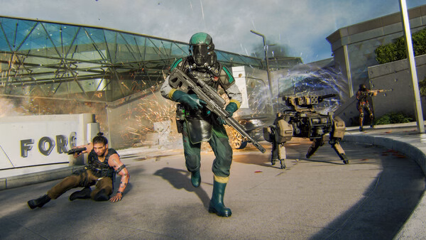 Call of Duty: Black Ops 7 screenshot featuring soldiers in combat gear, running through a damaged urban environment.