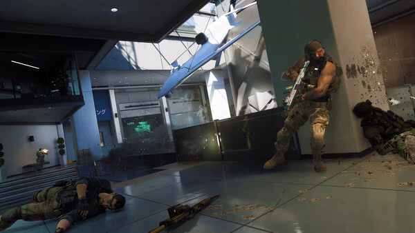 Call of Duty: Black Ops 7 screenshot showing two soldiers in combat inside a modern building, with debris and a crashed drone visible.