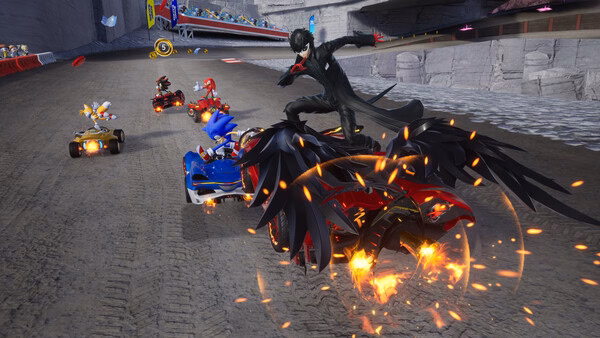 Sonic Racing: CrossWorlds screenshot showing Sonic, Knuckles, and others racing on a track, with dynamic vehicles and fiery effects.