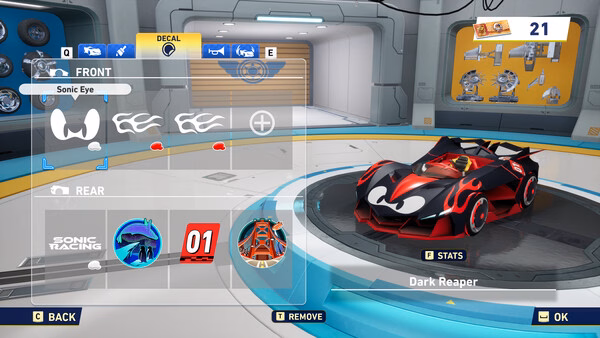 Sonic Racing: CrossWorlds screenshot showing car customization menu with the "Dark Reaper" vehicle and decal options in a futuristic garage.