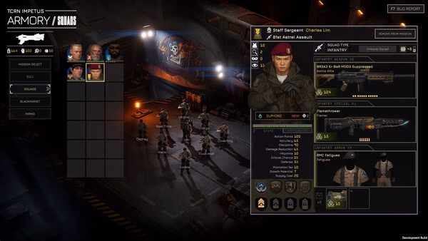 Screenshot of the game MENACE showing a squad lineup in an armory. Player character details and weapon stats are visible.