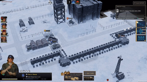 MENACE screenshot: A snowy military base with units, objectives panel, and command interface visible in a strategic gameplay view.