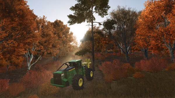 Farming Simulator 25 screenshot: A green tractor operates in a vibrant autumn forest, surrounded by colorful foliage under a clear sky.