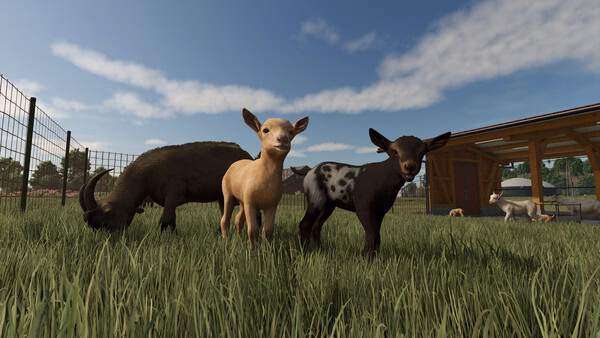 Farming Simulator 25 screenshot: Two goats stand in a grassy field near a wooden shelter, under a clear blue sky.