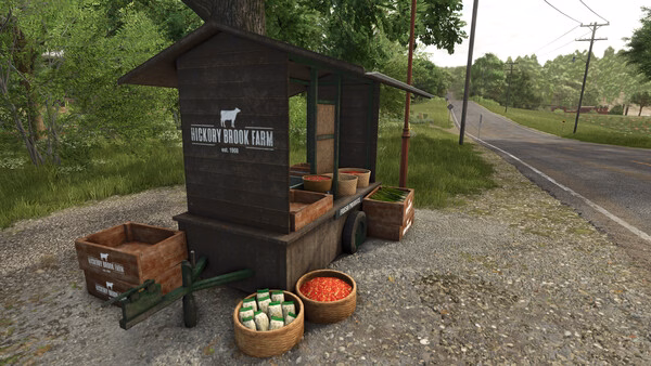 Farming Simulator 25 screenshot: A rustic produce stall labeled "Hickory Brook Farm" with crates of vegetables by a country road.