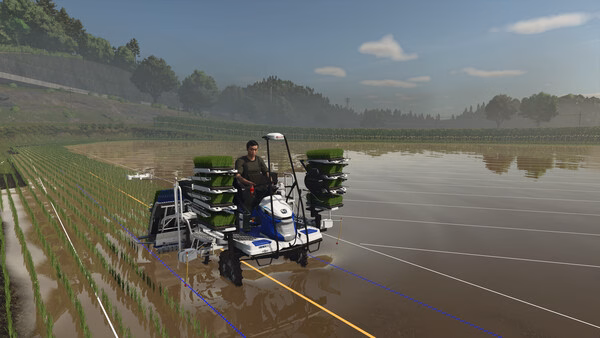 Farming Simulator 25 screenshot: A farmer operates a rice planter in a flooded field, surrounded by lush greenery and a clear sky.