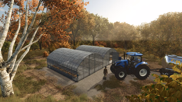 Farming Simulator 25 screenshot: A blue tractor parked beside greenhouses, surrounded by autumn trees and a farmer standing nearby.