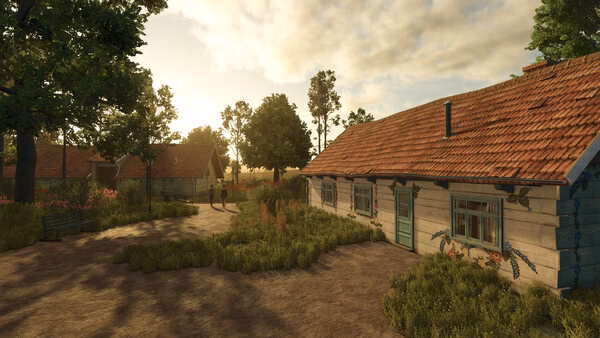 Screenshot of Farming Simulator 25 showing a peaceful rural scene with cottages, trees, and a dirt path during sunset.