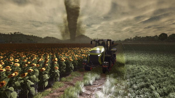 Screenshot from Farming Simulator 25 showing a tractor plowing a field under a cloudy sky with a visible tornado.