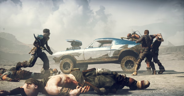 Screenshot from Mad Max game: Characters engage in combat near a rugged, blue vehicle amidst a desert landscape.