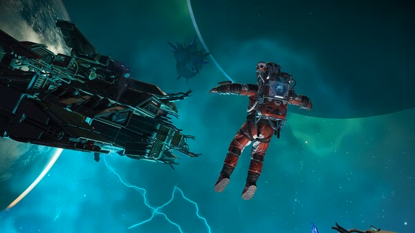 A screenshot from No Man's Sky showing a player in a red spacesuit floating near a spaceship in a vibrant green cosmic scene.