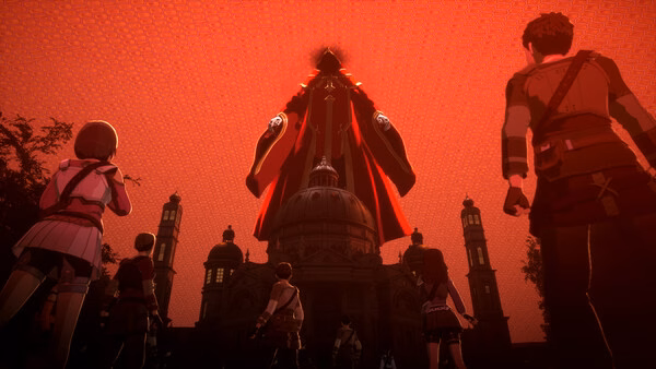 A screenshot from Echoes of Aincrad showing a group of characters facing a towering figure under a red, ominous sky.