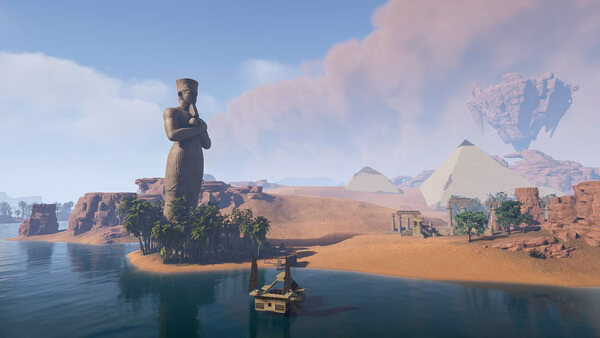 Screenshot from Soul Mask: A vast desert landscape with a towering statue, pyramids, and a raft on a river under a cloudy sky.