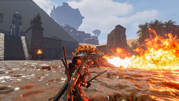Screenshot from Soul Mask: A player faces a fire-breathing dragon near ancient ruins and statues under a clear sky.