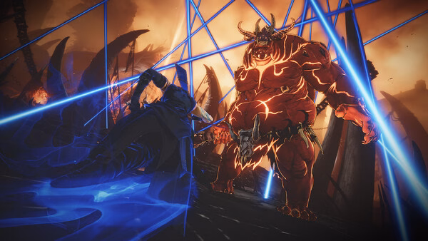 Screenshot from Solo Leveling: ARISE OVERDRIVE showing a warrior attacking a fiery demon amid glowing blue energy beams.