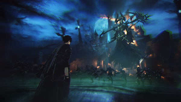 Screenshot from Solo Leveling: ARISE OVERDRIVE showing a lone hero facing a towering dark figure surrounded by shadowy creatures.