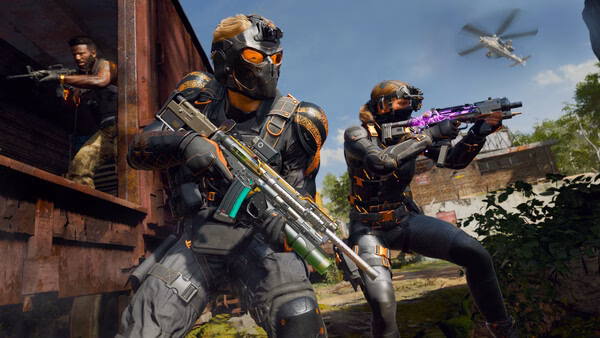 A Call of Duty: Black Ops 6 screenshot showing two armed soldiers in futuristic gear aiming rifles, with a helicopter in the sky.