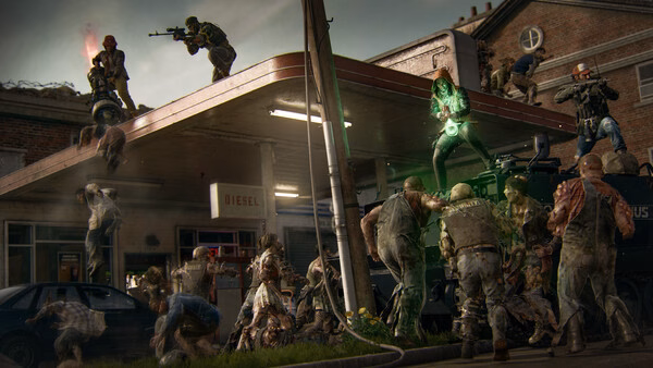 Screenshot from Call of Duty: Black Ops 6 showing soldiers battling zombies on a rooftop and the ground near a gas station.