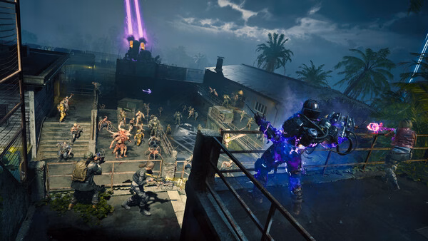 A Call of Duty: Black Ops 6 screenshot showing players fighting a horde of zombies on a rooftop with glowing weapons.