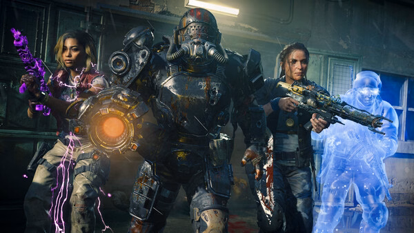 Call of Duty: Black Ops 6 screenshot: Three characters in futuristic armor and weapons, including one glowing holographic figure.