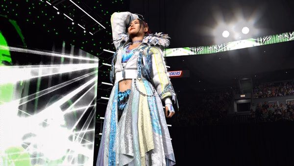 A WWE 2K26 screenshot showing a wrestler in a detailed outfit posing confidently on the stage under bright lights.