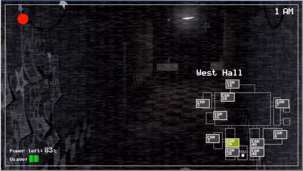Screenshot from Five Nights at Freddy's showing the West Hall camera view. A map and power usage details are visible on the screen.