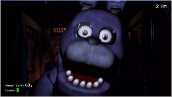 A Five Nights at Freddy's screenshot showing Bonnie the Bunny up close in a dimly lit hallway at 2 AM. Power left: 68%.