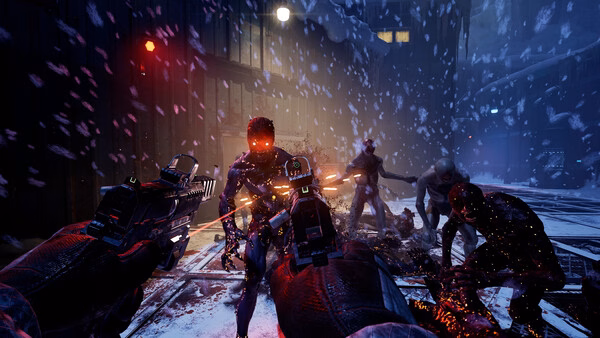 Screenshot from Killing Floor 3 shows players battling zombie-like creatures in a snowy, dimly lit industrial area.