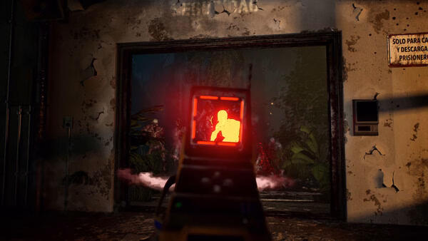 A Killing Floor 3 screenshot showing a player aiming at glowing red enemies through a weapon sight in a damaged building.