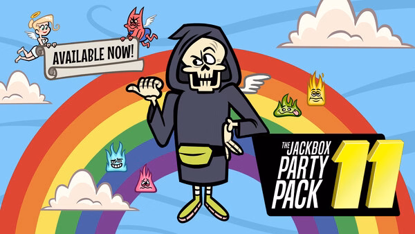 Screenshot of The Jackbox Party Pack 11 showing a winged skeleton with a scroll, surrounded by colorful characters and a rainbow.