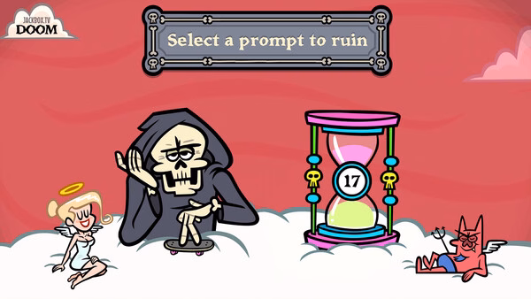 Screenshot from The Jackbox Party Pack 11 showing cartoon characters on clouds with a prompt selection and a timer.