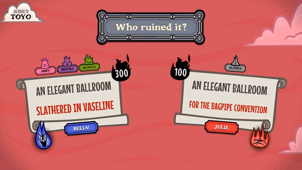 Screenshot from The Jackbox Party Pack 11 showing a game round with humorous prompts and player responses on a red background.