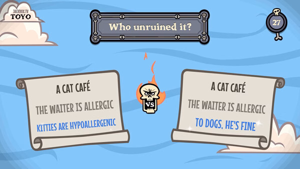 Screenshot from The Jackbox Party Pack 11 showing a question about allergies in a cat café with humorous responses.