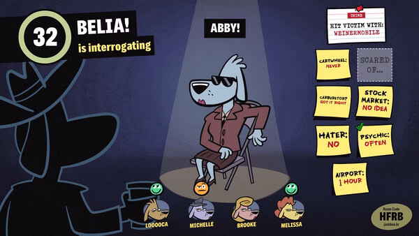 Screenshot from The Jackbox Party Pack 11: Character Belia interrogates Abby alongside colorful avatars and sticky notes.