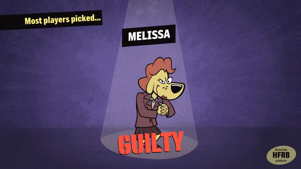 Screenshot from "The Jackbox Party Pack 11" showing a character labeled "Melissa" under a spotlight with the word "GUILTY."