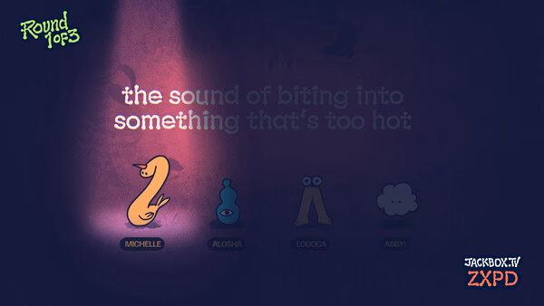 Screenshot from The Jackbox Party Pack 11 showing characters Michelle, Alosha, Loocca, Abby, and a prompt about biting hot food.