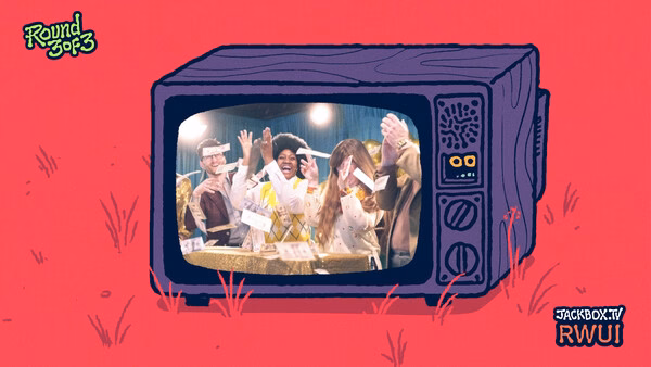 Screenshot from The Jackbox Party Pack 11 showing a group of people celebrating on a retro TV screen.
