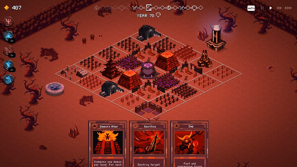 A screenshot from 9 Kings showing a red-hued battlefield with structures, cards, and resources under "Year 70".