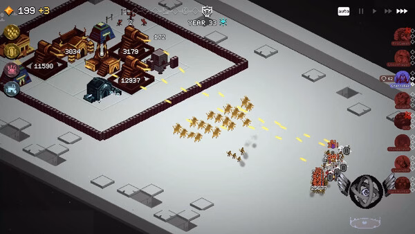 Screenshot from the game 9 Kings showing a base under attack by a swarm of enemies with defenses firing projectiles.