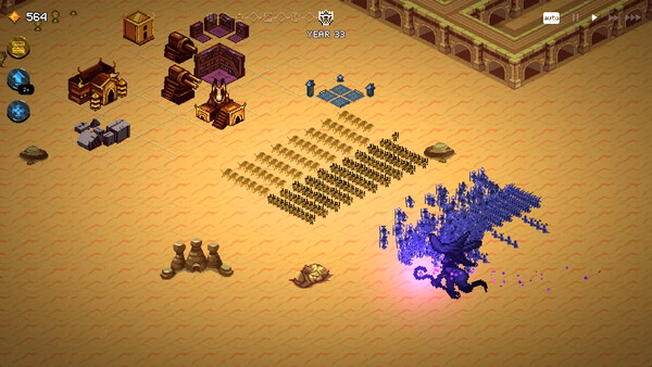 A screenshot from 9 Kings showing an army facing a shadowy dragon on a desert battlefield near buildings and structures.