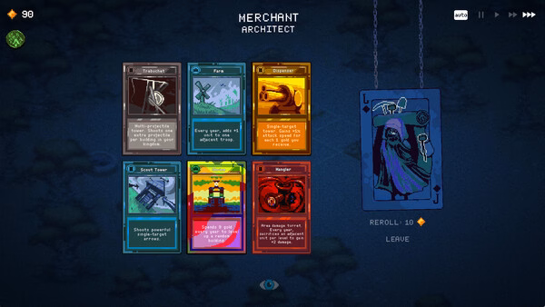 Screenshot from the game '9 Kings' showing a merchant screen with colorful cards for trade and a character holding weapons.