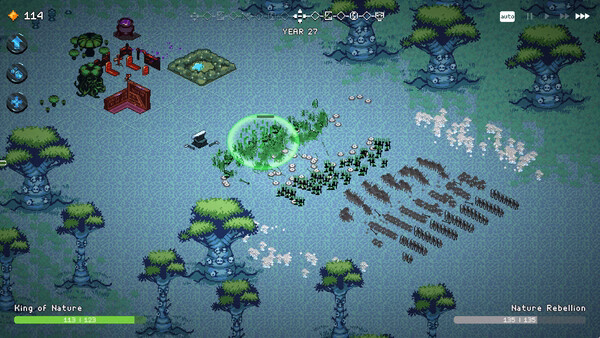Screenshot from '9 Kings' showing a forest battlefield with troops, trees, and a glowing green circle near the center.