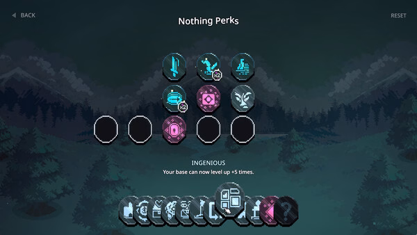 A screenshot from 9 Kings showing the "Nothing Perks" menu, displaying various perk icons and descriptions against a forest backdrop.
