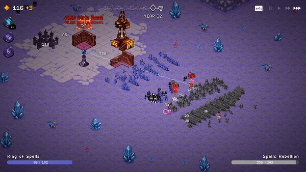 Screenshot from 9 Kings showing a battle scene with armies clashing near a fortified structure in a purple-hued battlefield.