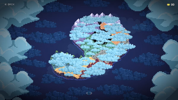 A screenshot from 9 Kings showing a colorful, pixelated map with forests, mountains, and rivers shaped like the number 9.