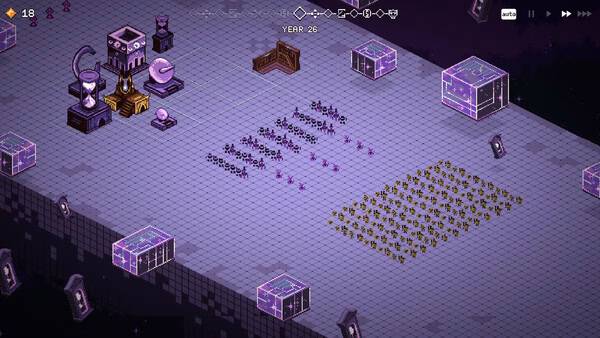 A 9 Kings screenshot showing a grid-based battlefield with armies, glowing structures, and a "Year 26" label at the top.