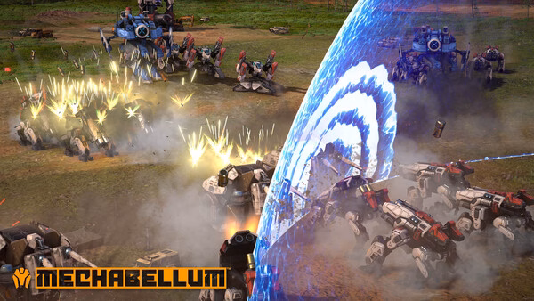 Mechabellum screenshot: Battle scene with mechs and explosions, energy shield visible, logo at bottom left corner.